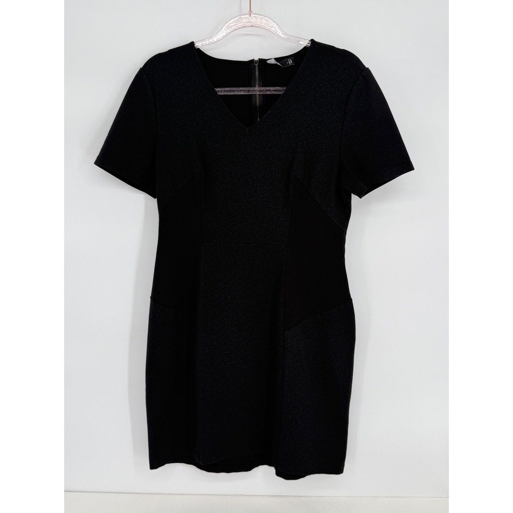 Noir Womens‎ Black Mixed Media Textured V-Neck Sheath Dress Short Sleeve Sz L